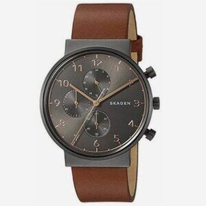 Men's Skagen Ancher Chronograph Brown Leather Strap Watch SKW6418